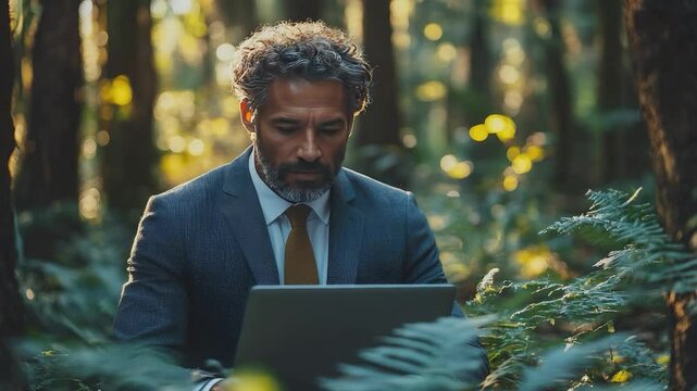 Business in the Wilderness: An astute professional, immersed in his work, finds an unconventional office in a sun-dappled forest, seamlessly blending the corporate world with nature's tranquility.