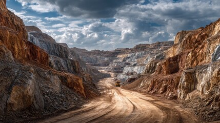 Fototapeta premium Magnificent Open-Pit Mining Landscape Featuring a Dramatic Sky and Earth Layers