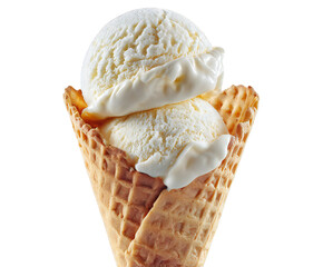 A vanilla ice cream cone with two scoops on a black background in a close up studio shot view isolated white background