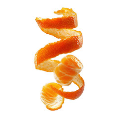 A spiraling orange peel with some of the orange fruit still attached isolated on a black background isolated white background