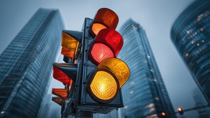 Urban traffic light glowing red and orange in front of tall modern buildings on a foggy day perfect for transportation themes, urban safety messages and city life visuals