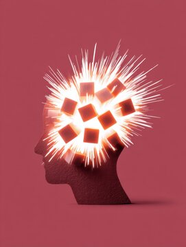 Glowing silhouette of head with browser tabs exploding outward in a high-energy digital display