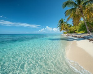 Fototapeta premium tranquil beach scene with crystal-clear waters and palm trees swaying in the breeze, Generative AI