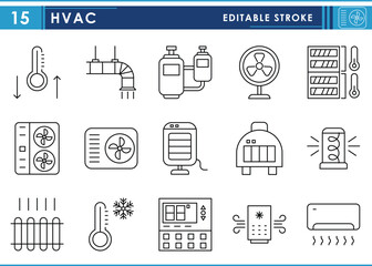 A set of line icons related to HVAC. Heating, Ventilation, air conditioning, clean, temperature, fresh air, and so on. Vector editable stroke.