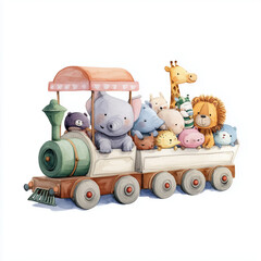Watercolor illustration of a toy train with adorable pastel animal passengers, on a clean white background.

