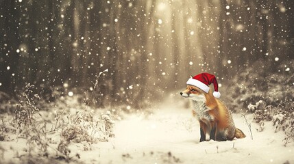 A fox wearing a Santa hat in a snowy forest (1)