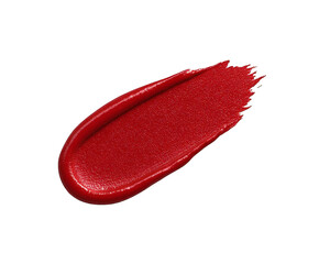 A macro shot showing a single swipe of vibrant red lipstick against a stark black background surface isolated white background