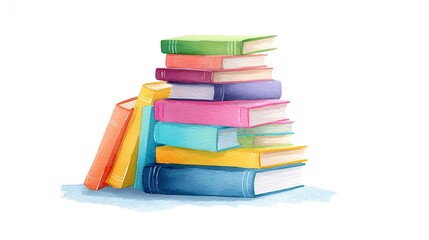 A vibrant stack of colorful books represents knowledge learning and imagination in this beautiful watercolor