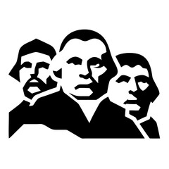 Mount Rushmore monument presidents faces. Black and white illustration of four US presidents carved in mountainside.  Iconic Mount Rushmore image perfect for history books, educational materials,