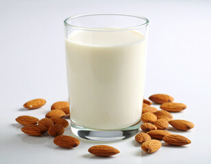 Un vaso de cristal con leche de almendra con almendras alrededor sobre una mesa blanca