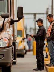 DOT officer conducts inspection at roadside checkpoint with semi-truck and driver