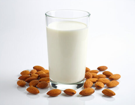 Un vaso de cristal con leche de almendra con almendras alrededor sobre una mesa blanca