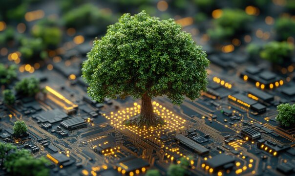 Eco-friendly technology, a thriving tree growing on a circuit board