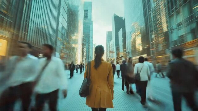 City Silhouette: A lone figure strides purposefully amidst a blurred cityscape, with soaring skyscrapers, reflecting the relentless energy and ambition of urban life.