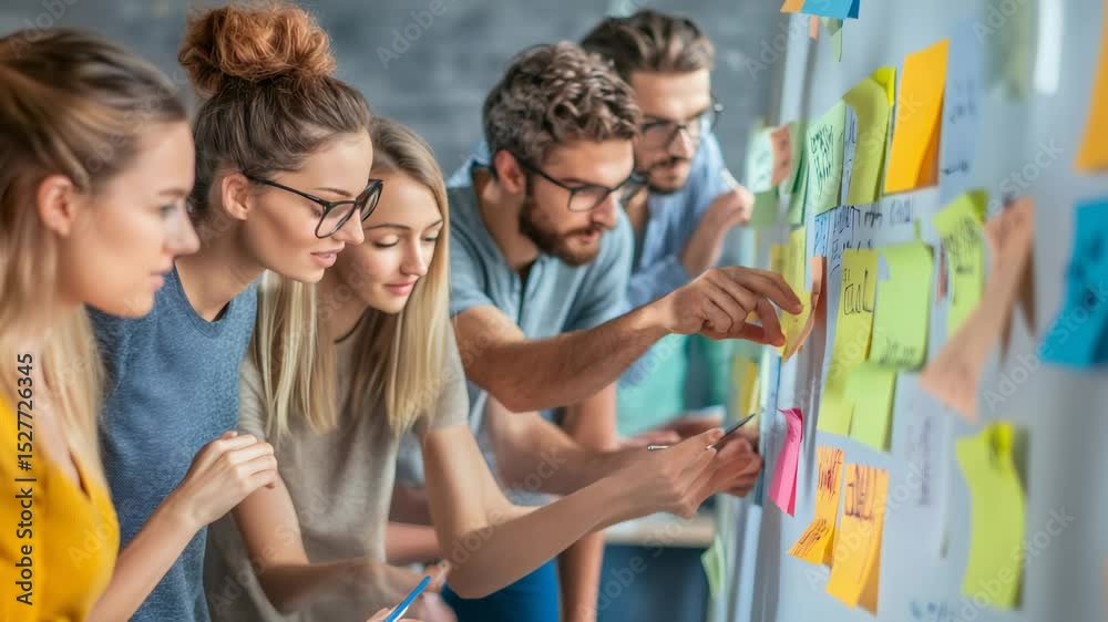 Poster group of young businesspeople using colorful sticky notes for brainstorming new ideas on a whiteboar