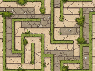 Cartoon Maze Floor with Worn Stone Tiles – Seamless Texture