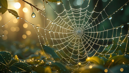 Spider webs in the tropical rainforest glistening in the morning light with water droplets and dew
