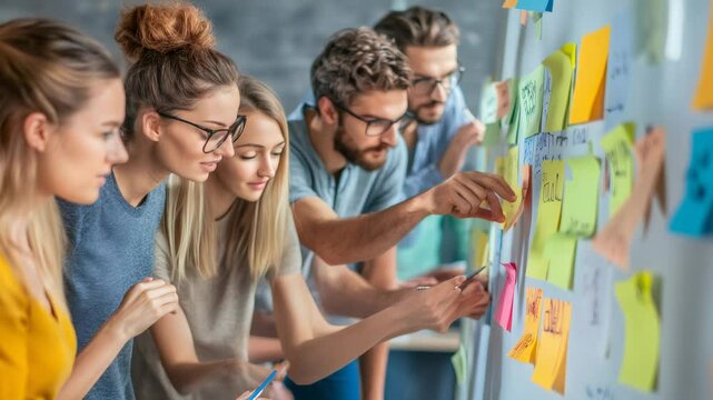 Group of young businesspeople using colorful sticky notes for brainstorming new ideas on a whiteboard during a productive meeting in the office