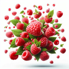 Fresh ripe red raspberries with green leaves isolated on white background, healthy fruit concept.