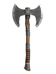 A detailed ornate double bladed axe with a wooden handle isolated on a black background in a studio shot isolated white background