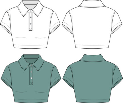 Polo neck cropped t shirt technical fashion illustration, vector. Crop top, short sleeve summer t shirt fashion flat sketch technical drawing template, CAD, mockup set