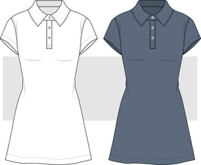 Polo neck tennis dress technical fashion illustration, vector. Mini summer dress fashion flat sketch technical drawing template, CAD, mockup set