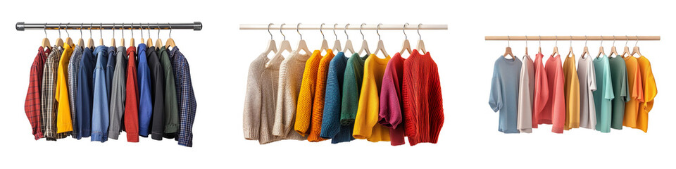 Collection of clothes on hangers, isolated on a transparent background