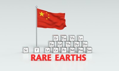 Rare earth elements, periodic table elements and Chinese flag - 3D rendering on light gray background