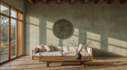 Modern minimalist living room with wooden furniture and natural light