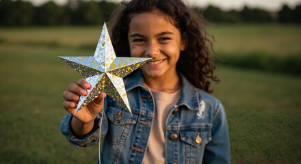 Young girl smiling while holding decorative star outdoors in summer  