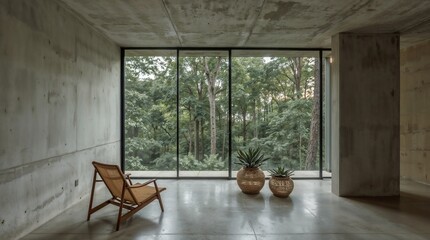 Minimalist concrete interior with floor-to-ceiling windows overlooking forest