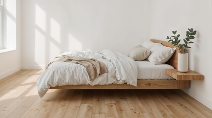 Scandinavian minimalist bedroom with wooden platform bed and natural light