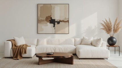 Contemporary living room with abstract art and neutral sectional sofa