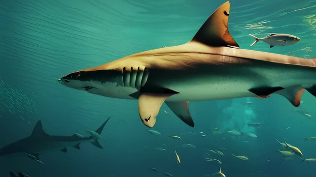 Large hammerhead shark swimming underwater with small fish around. Marine predator habitat. Ocean wildlife concept. Water life footage.