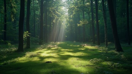 Obraz premium serene forest glade illuminated by soft morning light, Generative AI