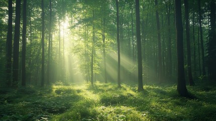 Fototapeta premium serene forest glade illuminated by soft morning light, Generative AI