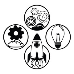Black and White Innovation Icons with Rocket Gears Cloud and Lightbulb