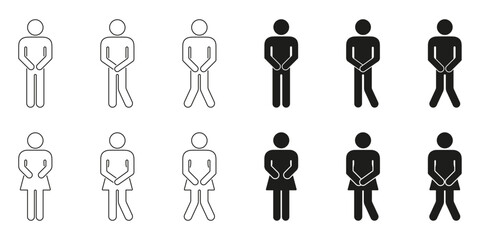 Male And Female Restroom Urgency Icon Set. Bathroom Emergency And Urinary Urgency Outline And Silhouette Symbol Collection. Gender-Specific Restroom Signage. Isolated Vector Illustration