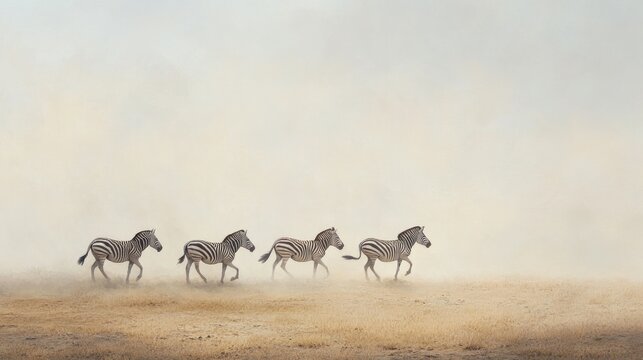 Fototapeta Four zebras running across a dusty plain