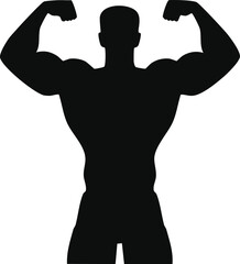 Fototapeta premium Vector Strong Man Silhouette Displaying Muscles with Raised Arms in Bold High-Contrast Graphic Style