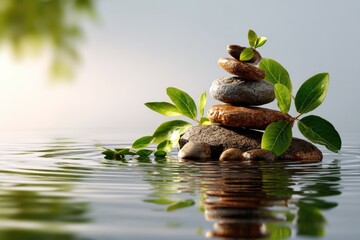 Zen-inspired natural composition featuring smooth river stones stacked delicately, fresh green leaves gently resting nearby, and clear water rippling softly around them