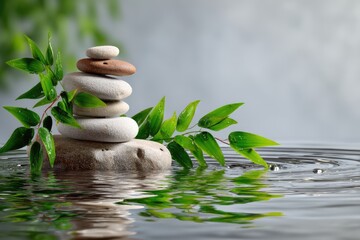 Zen-inspired natural composition featuring smooth river stones stacked delicately, fresh green leaves gently resting nearby, and clear water rippling softly around them
