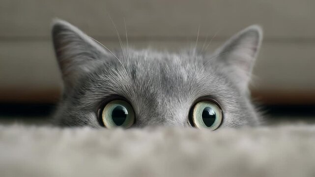Funny cat curiously watching an object from its hiding spot in a cozy living room