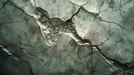 Abstract cracked stone floor with deep crevices and natural debris.