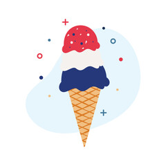 Triple Scoop Red White and Blue Ice Cream Cone for Summer Independence Celebration Dessert Theme