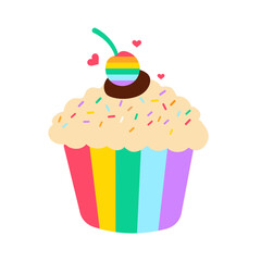 Vibrant Rainbow Striped Pride Cupcake with Creamy Frosting Chocolate Swirl Pink Hearts and Sprinkles