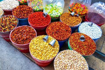 Various nuts fruits and seeds on market in Mexico City.