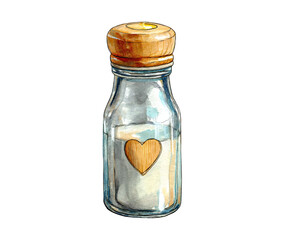 A clear glass bottle with a wooden lid and a heart sticker filled with white liquid on black background isolated white background