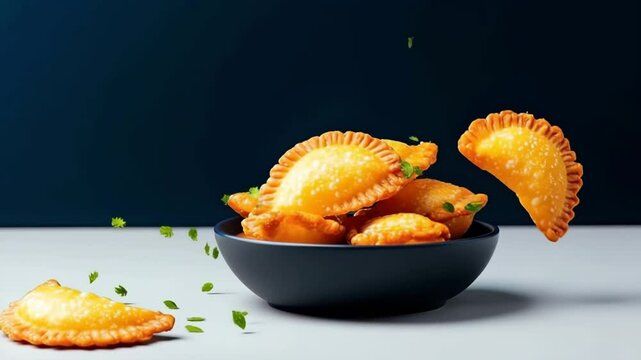 Golden empanadas in a black bowl with some floating above. The scene highlights delicious, crispy pastries, perfect for food lovers.