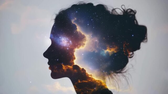Silhouette of a young woman with curly hair, overlaid with a cosmic scene featuring stars and clouds. The image represents imagination and creativity.